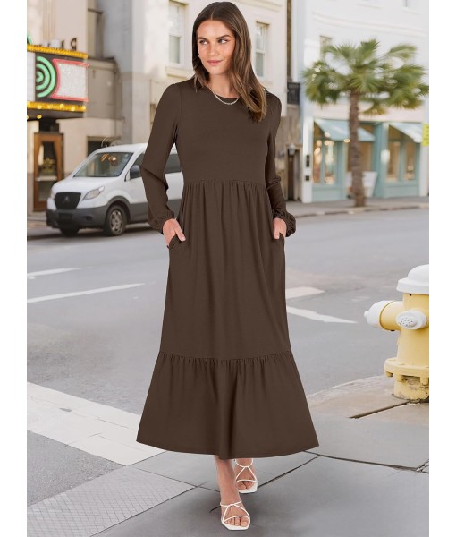 ANRABESS Long Sleeve Midi Dresses for Women Casual 2025 Fall Crewneck A Line Tiered Flowy Loose Trendy Dresses with Pockets