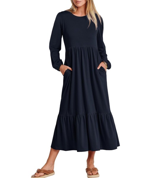 ANRABESS Long Sleeve Midi Dresses for Women Casual 2025 Fall Crewneck A Line Tiered Flowy Loose Trendy Dresses with Pockets