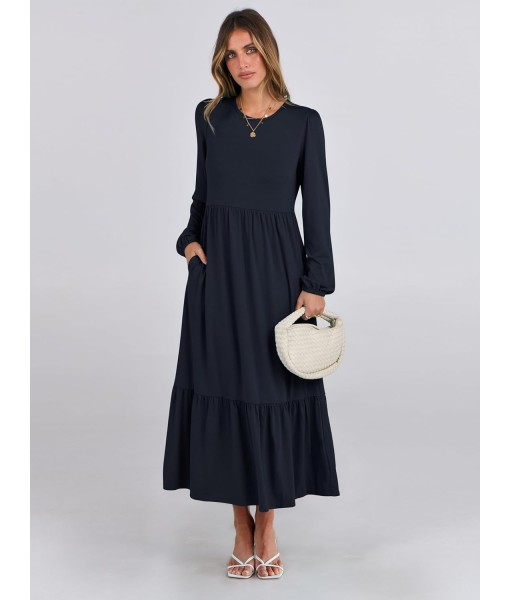 ANRABESS Long Sleeve Midi Dresses for Women Casual 2025 Fall Crewneck A Line Tiered Flowy Loose Trendy Dresses with Pockets