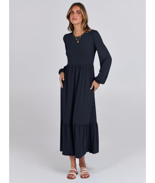 ANRABESS Long Sleeve Midi Dresses for Women Casual 2025 Fall Crewneck A Line Tiered Flowy Loose Trendy Dresses with Pockets