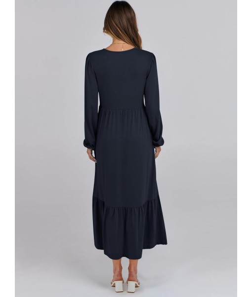 ANRABESS Long Sleeve Midi Dresses for Women Casual 2025 Fall Crewneck A Line Tiered Flowy Loose Trendy Dresses with Pockets