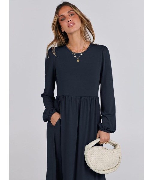 ANRABESS Long Sleeve Midi Dresses for Women Casual 2025 Fall Crewneck A Line Tiered Flowy Loose Trendy Dresses with Pockets
