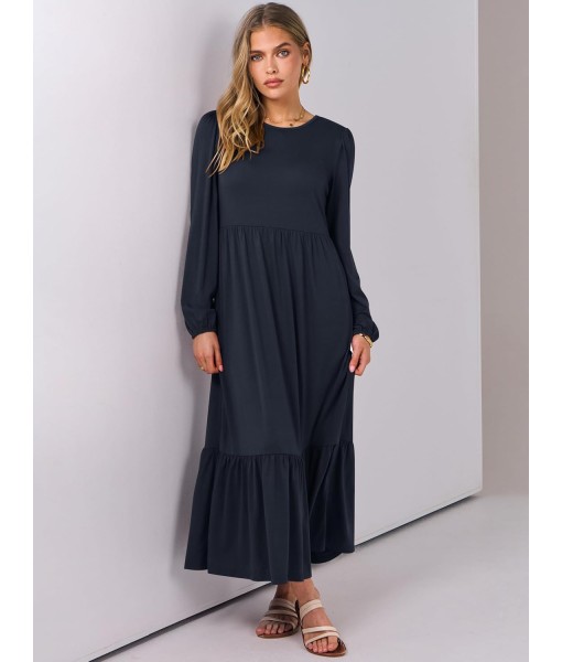 ANRABESS Long Sleeve Midi Dresses for Women Casual 2025 Fall Crewneck A Line Tiered Flowy Loose Trendy Dresses with Pockets