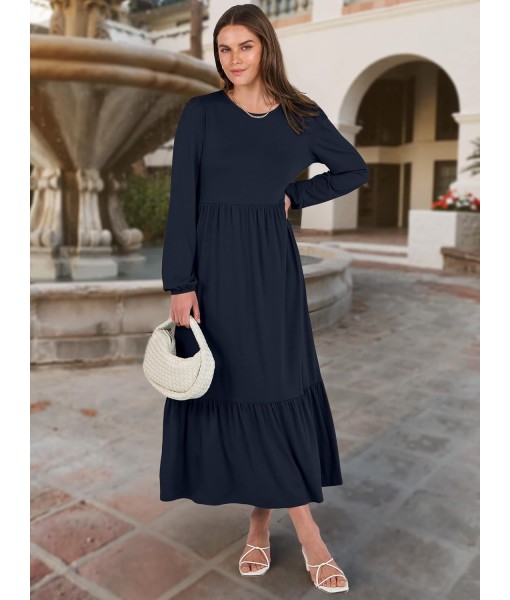 ANRABESS Long Sleeve Midi Dresses for Women Casual 2025 Fall Crewneck A Line Tiered Flowy Loose Trendy Dresses with Pockets