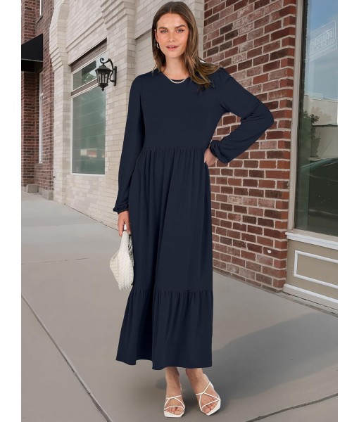 ANRABESS Long Sleeve Midi Dresses for Women Casual 2025 Fall Crewneck A Line Tiered Flowy Loose Trendy Dresses with Pockets