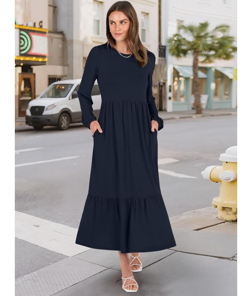 ANRABESS Long Sleeve Midi Dresses for Women Casual 2025 Fall Crewneck A Line Tiered Flowy Loose Trendy Dresses with Pockets