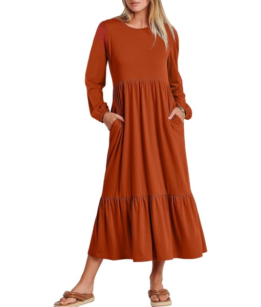 ANRABESS Long Sleeve Midi Dresses for Women Casual 2025 Fall Crewneck A Line Tiered Flowy Loose Trendy Dresses with Pockets