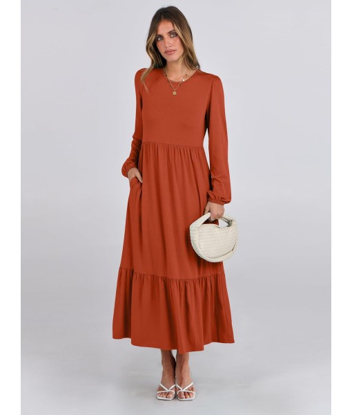 ANRABESS Long Sleeve Midi Dresses for Women Casual 2025 Fall Crewneck A Line Tiered Flowy Loose Trendy Dresses with Pockets