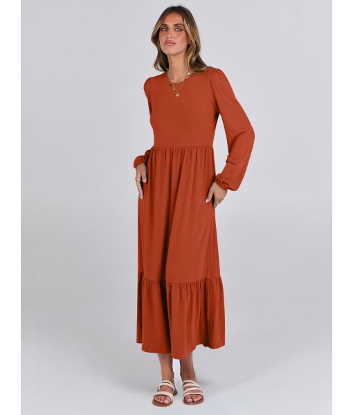ANRABESS Long Sleeve Midi Dresses for Women Casual 2025 Fall Crewneck A Line Tiered Flowy Loose Trendy Dresses with Pockets