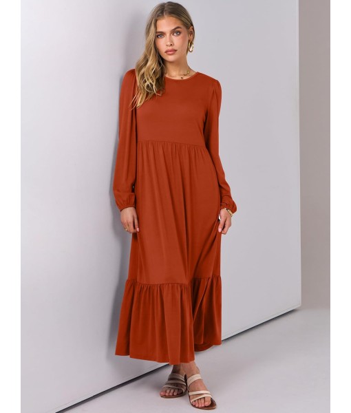 ANRABESS Long Sleeve Midi Dresses for Women Casual 2025 Fall Crewneck A Line Tiered Flowy Loose Trendy Dresses with Pockets