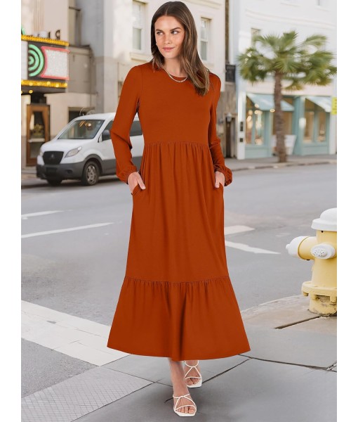 ANRABESS Long Sleeve Midi Dresses for Women Casual 2025 Fall Crewneck A Line Tiered Flowy Loose Trendy Dresses with Pockets