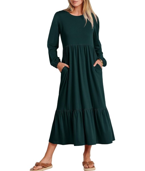 ANRABESS Long Sleeve Midi Dresses for Women Casual 2025 Fall Crewneck A Line Tiered Flowy Loose Trendy Dresses with Pockets