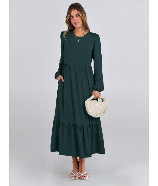 ANRABESS Long Sleeve Midi Dresses for Women Casual 2025 Fall Crewneck A Line Tiered Flowy Loose Trendy Dresses with Pockets