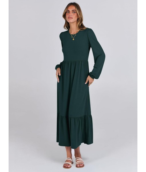 ANRABESS Long Sleeve Midi Dresses for Women Casual 2025 Fall Crewneck A Line Tiered Flowy Loose Trendy Dresses with Pockets