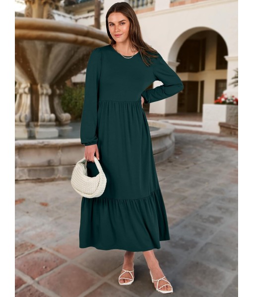 ANRABESS Long Sleeve Midi Dresses for Women Casual 2025 Fall Crewneck A Line Tiered Flowy Loose Trendy Dresses with Pockets
