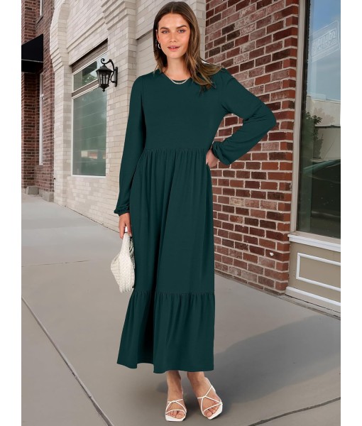 ANRABESS Long Sleeve Midi Dresses for Women Casual 2025 Fall Crewneck A Line Tiered Flowy Loose Trendy Dresses with Pockets