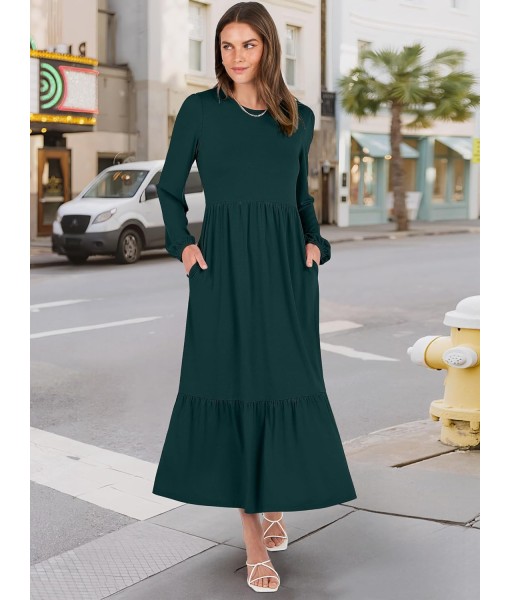 ANRABESS Long Sleeve Midi Dresses for Women Casual 2025 Fall Crewneck A Line Tiered Flowy Loose Trendy Dresses with Pockets