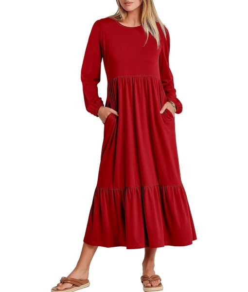 ANRABESS Long Sleeve Midi Dresses for Women Casual 2025 Fall Crewneck A Line Tiered Flowy Loose Trendy Dresses with Pockets