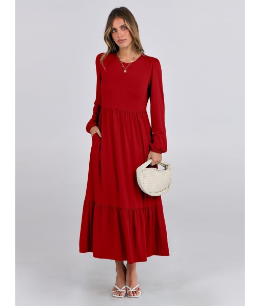 ANRABESS Long Sleeve Midi Dresses for Women Casual 2025 Fall Crewneck A Line Tiered Flowy Loose Trendy Dresses with Pockets
