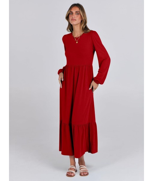 ANRABESS Long Sleeve Midi Dresses for Women Casual 2025 Fall Crewneck A Line Tiered Flowy Loose Trendy Dresses with Pockets