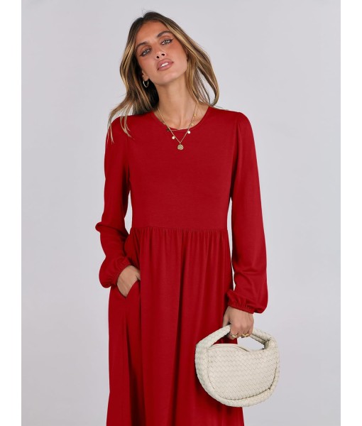 ANRABESS Long Sleeve Midi Dresses for Women Casual 2025 Fall Crewneck A Line Tiered Flowy Loose Trendy Dresses with Pockets