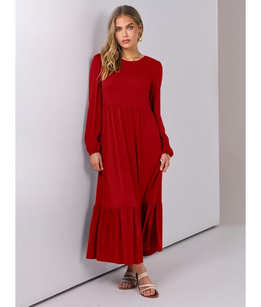 ANRABESS Long Sleeve Midi Dresses for Women Casual 2025 Fall Crewneck A Line Tiered Flowy Loose Trendy Dresses with Pockets