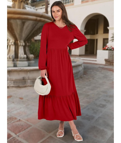 ANRABESS Long Sleeve Midi Dresses for Women Casual 2025 Fall Crewneck A Line Tiered Flowy Loose Trendy Dresses with Pockets