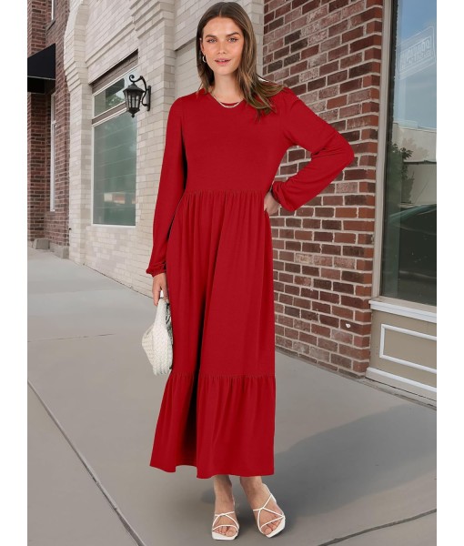 ANRABESS Long Sleeve Midi Dresses for Women Casual 2025 Fall Crewneck A Line Tiered Flowy Loose Trendy Dresses with Pockets