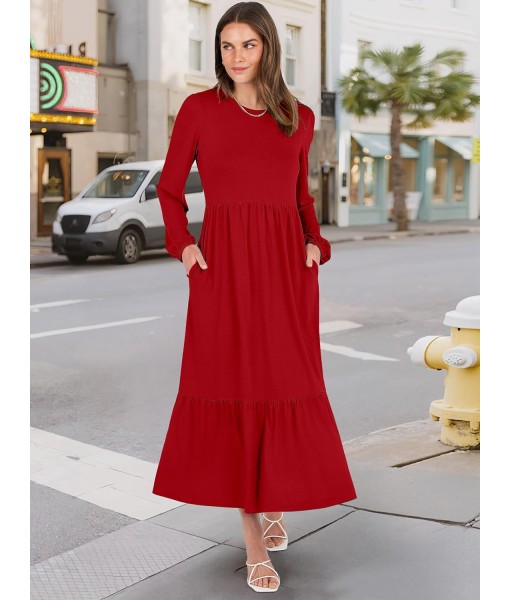 ANRABESS Long Sleeve Midi Dresses for Women Casual 2025 Fall Crewneck A Line Tiered Flowy Loose Trendy Dresses with Pockets