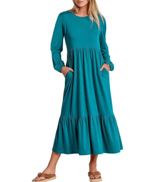ANRABESS Long Sleeve Midi Dresses for Women Casual 2025 Fall Crewneck A Line Tiered Flowy Loose Trendy Dresses with Pockets