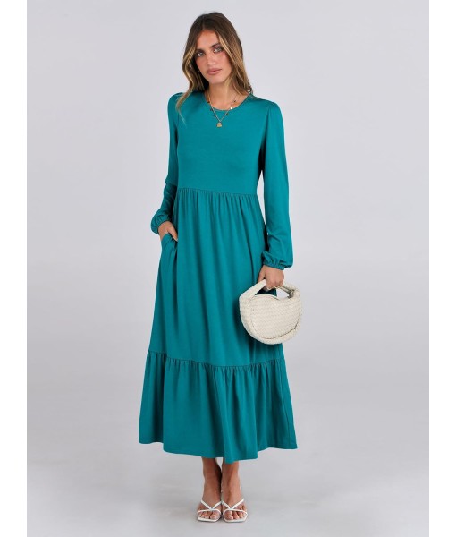 ANRABESS Long Sleeve Midi Dresses for Women Casual 2025 Fall Crewneck A Line Tiered Flowy Loose Trendy Dresses with Pockets
