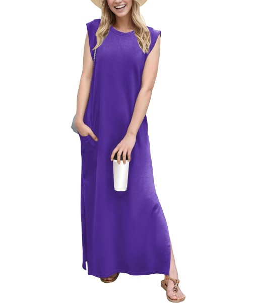 GRECERELLE 2025 Women Year-Round Casual Round Neck Loose Split Wrinkle-Free Long Maxi Vacation Dress with Pockets (XS-3XL)