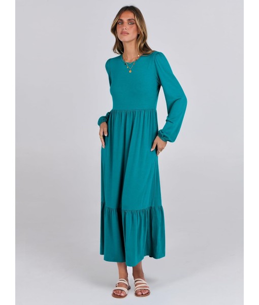ANRABESS Long Sleeve Midi Dresses for Women Casual 2025 Fall Crewneck A Line Tiered Flowy Loose Trendy Dresses with Pockets