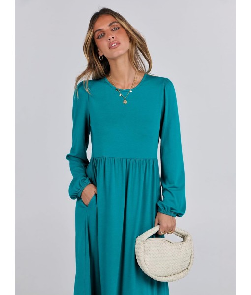 ANRABESS Long Sleeve Midi Dresses for Women Casual 2025 Fall Crewneck A Line Tiered Flowy Loose Trendy Dresses with Pockets
