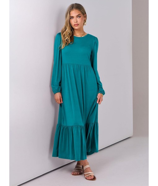 ANRABESS Long Sleeve Midi Dresses for Women Casual 2025 Fall Crewneck A Line Tiered Flowy Loose Trendy Dresses with Pockets
