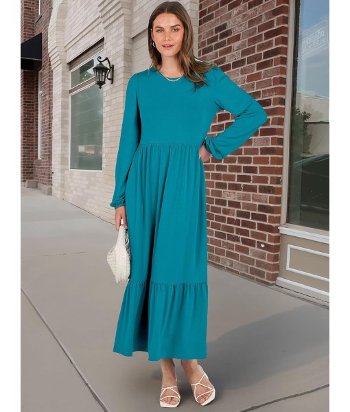 ANRABESS Long Sleeve Midi Dresses for Women Casual 2025 Fall Crewneck A Line Tiered Flowy Loose Trendy Dresses with Pockets