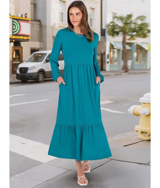 ANRABESS Long Sleeve Midi Dresses for Women Casual 2025 Fall Crewneck A Line Tiered Flowy Loose Trendy Dresses with Pockets