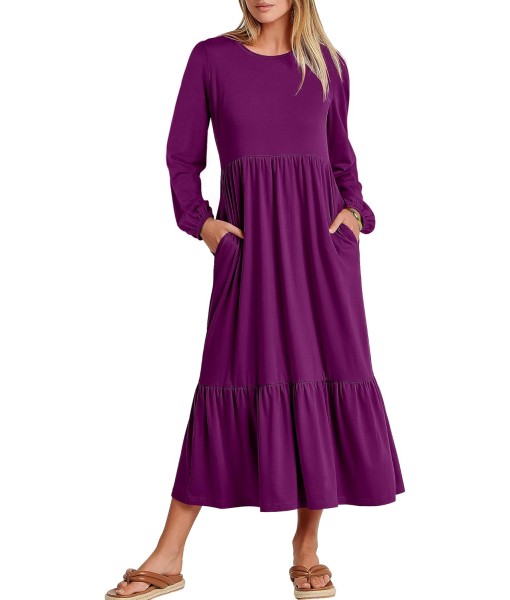 ANRABESS Long Sleeve Midi Dresses for Women Casual 2025 Fall Crewneck A Line Tiered Flowy Loose Trendy Dresses with Pockets
