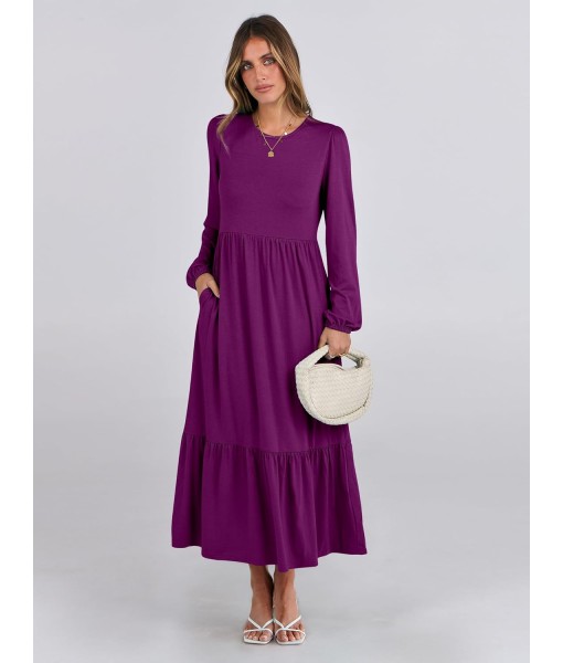 ANRABESS Long Sleeve Midi Dresses for Women Casual 2025 Fall Crewneck A Line Tiered Flowy Loose Trendy Dresses with Pockets