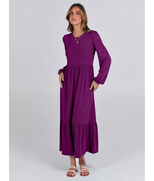 ANRABESS Long Sleeve Midi Dresses for Women Casual 2025 Fall Crewneck A Line Tiered Flowy Loose Trendy Dresses with Pockets