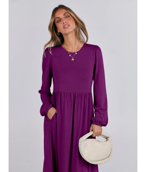 ANRABESS Long Sleeve Midi Dresses for Women Casual 2025 Fall Crewneck A Line Tiered Flowy Loose Trendy Dresses with Pockets