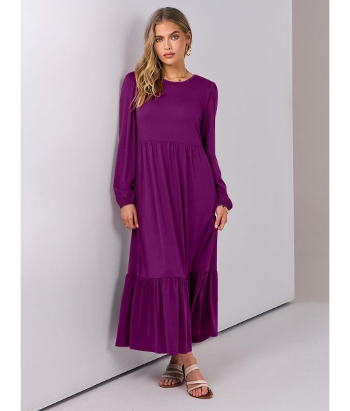 ANRABESS Long Sleeve Midi Dresses for Women Casual 2025 Fall Crewneck A Line Tiered Flowy Loose Trendy Dresses with Pockets