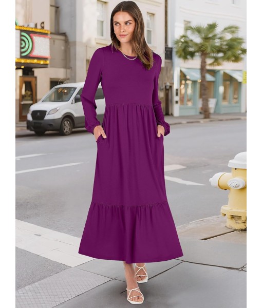ANRABESS Long Sleeve Midi Dresses for Women Casual 2025 Fall Crewneck A Line Tiered Flowy Loose Trendy Dresses with Pockets