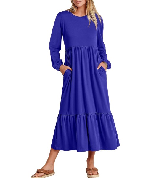 ANRABESS Long Sleeve Midi Dresses for Women Casual 2025 Fall Crewneck A Line Tiered Flowy Loose Trendy Dresses with Pockets
