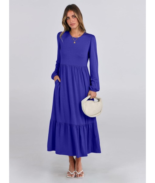 ANRABESS Long Sleeve Midi Dresses for Women Casual 2025 Fall Crewneck A Line Tiered Flowy Loose Trendy Dresses with Pockets