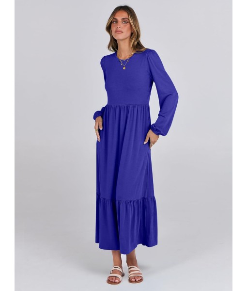 ANRABESS Long Sleeve Midi Dresses for Women Casual 2025 Fall Crewneck A Line Tiered Flowy Loose Trendy Dresses with Pockets
