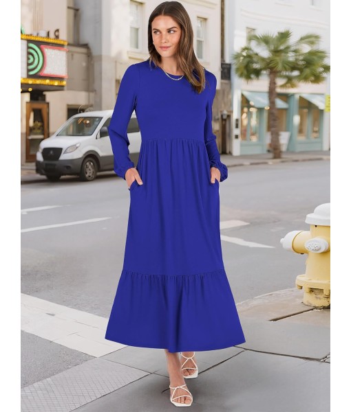ANRABESS Long Sleeve Midi Dresses for Women Casual 2025 Fall Crewneck A Line Tiered Flowy Loose Trendy Dresses with Pockets