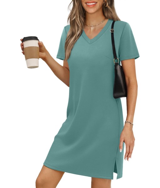RUMIA Summer Casual Dresses for Women 2025 Vacation Dress V-Neck Short Sleeve Split Hem Beach Sundress