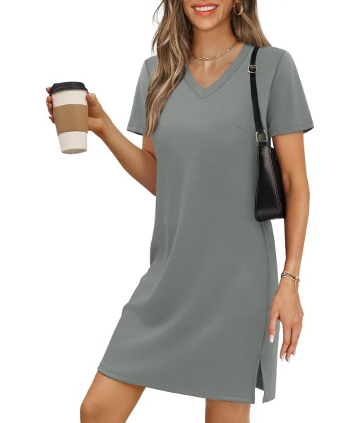 RUMIA Summer Casual Dresses for Women 2025 Vacation Dress V-Neck Short Sleeve Split Hem Beach Sundress