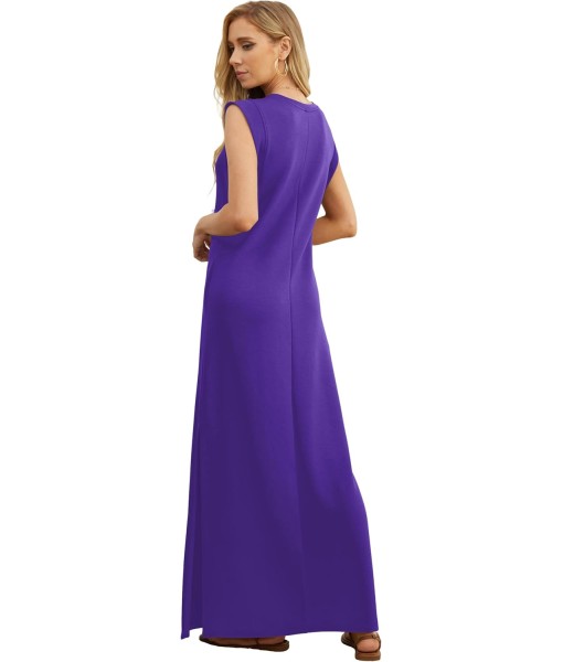GRECERELLE 2025 Women Year-Round Casual Round Neck Loose Split Wrinkle-Free Long Maxi Vacation Dress with Pockets (XS-3XL)